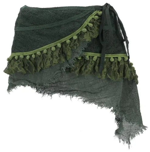 GURU SHOP Goa Cacheur Minirock mit Spitze - Tannengrün, Damen, Size:S - Stylischer Wickelrock mit einzigartiger Stickerei und Fransen. Individuell anpassbar durch Binden, ideal für Frühling und Sommer. Handgefertigt und perfekt kombinierbar für jede Jahreszeit.
