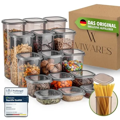 Viwares Vorratsdosen Set 15er BPA-frei, luftdicht mit Deckel - KÜCHENORDNUNG LEICHT GEMACHT - Mit unseren 15 luftdichten Vorratsdosen bleibt alles frisch und organisiert. Ideal für die Aufbewahrung von Müsli, Mehl und mehr. Spülmaschinenfest und platzsparend stapelbar.