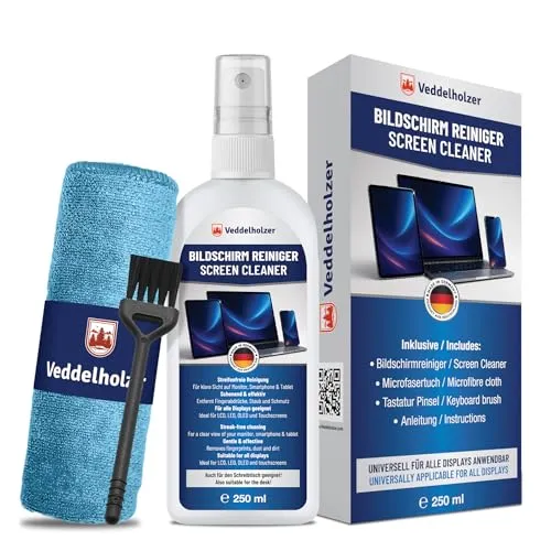 Veddelholzer 250 ml Bildschirmreiniger Set – Displayreiniger mit Mikrofasertuch & Tastaturpinsel – Für Laptop, Monitor, TV, Smartphone, Auto Display – Streifenfreie Reinigung für alle Bildschirme