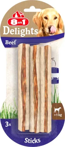 8in1 Delights Beef Sticks - Gesunde Kaustangen für sensible Hunde, hochwertiges Rindfleisch in Rinderhaut, 3 Stück, fördert Zahnpflege und Kauspaß