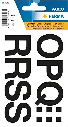 HERMA Buchstaben Aufkleber Schwarz, 22 Stück, Schriftgröße 33 mm, selbstklebend, wasserfest, wetterfest, groß, Alphabet Sticker Klebebuchstaben O-Z aus Folie zum Aufkleben, transparent