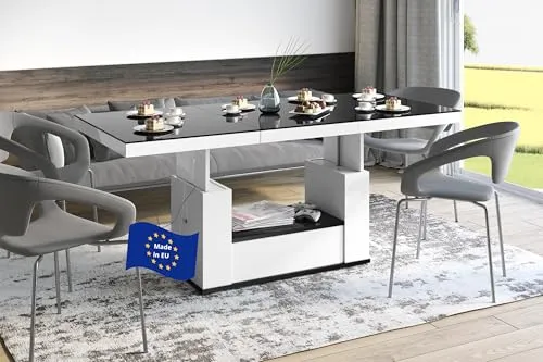 HM-111 Ausziehbarer Couchtisch Schwarz Weiß Hochglanz - Konsolentisch fürs Wohnzimmer, höhenverstellbar und platzsparend – ideal als Esstisch für bis zu 6 Personen, perfekt für kleine Räume.