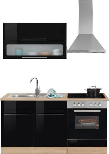 Küchenzeile KOCHSTATION "KS-Eton" - Schwarz Hochglanz - Küchenzeilen mit modernem Design und praktischen Funktionen, inklusive Metallauszügen und Milchglas-Hängeschränken. Made in Germany, ideal für stilbewusste Köche.