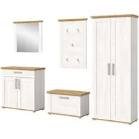 Garderobe Set 5-teilig "Mirano" in Weiß und Artisan Eiche - Stilvolles Garderobe Set im Landhausstil, bietet viel Stauraum auf kleinem Raum. Pflegeleicht mit strapazierfähiger Melaminbeschichtung und gekälkter Optik.