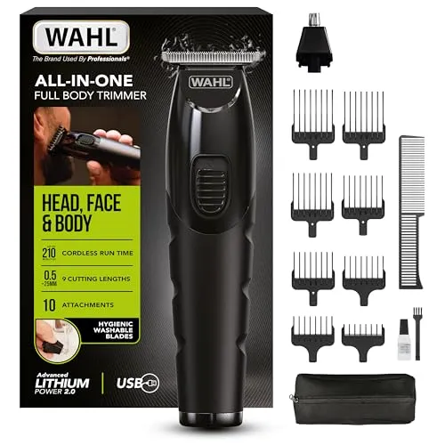 WAHL All in One Trimmer – Multifunktionales Trimmgerät für Haare, Bart und Körperpflege - Leistungsstarker Trimmer mit 210 Minuten Akkulaufzeit. Inklusive abwaschbarer Aufsätze und breitem T-Schneidsatz für präzises Trimmen in verschiedenen Längen von 0,5 mm bis 25 mm.