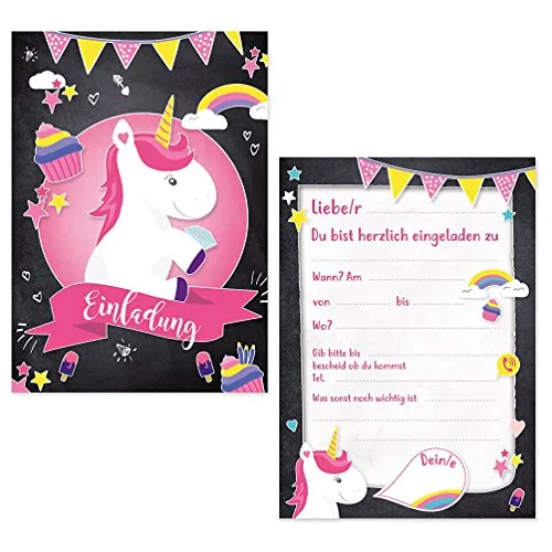 Oblique Unique® 6 x Einladungskarten zur Einhornparty Geburtstagseinladungen Jungen Mädchen Kinder Unicorn Einhörner Karten Set