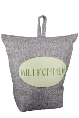 CULT at home Türstopper Sack schwer 1 kg – Türstopp aus Stoff grau mit Schriftzug Willkommen – Doorstopper Floor Balkontür Stopper Tuerstopper Höhe 20 cm
