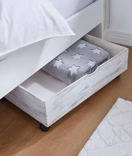 Dekoleidenschaft Bettschublade Shabby - Praktischer Bettkasten mit Rollen - Unterbettkommoden aus robustem Paulownia-Holz, weiß gekalkt. Ideal für zusätzlichen Stauraum und leicht zu bewegen dank stabiler Rollen. Maße: 60 x 40 x 18 cm.