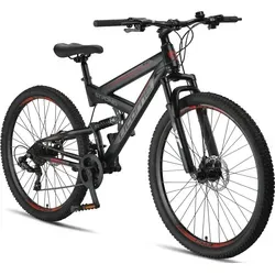 Licorne Bike Mountainbike Strong 2D Premium - 26, 27,5 & 29 Zoll - Mountainbike in Schwarz/Rot, ideal für Offroad-Abenteuer mit robustem Rahmen und maximalem Gewicht von 95 kg.