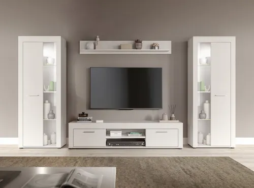 INOSIGN Wohnwand "Aosta" 310cm - Moderne Wohnwand in Weiß, bestehend aus 2 Vitrinen, Lowboard und Wandboard. Ideal für jeden Wohnraum, pflegeleicht und mit innovativem Design.
