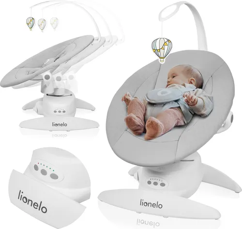 LIONELO Iris Elektrisch Babywippe - 360° drehbar, für Babys bis 9 kg, 5 Wiegegeschwindigkeiten, rutschfester Sicherheitsgurt und 12 Melodien mit Spielzeug
