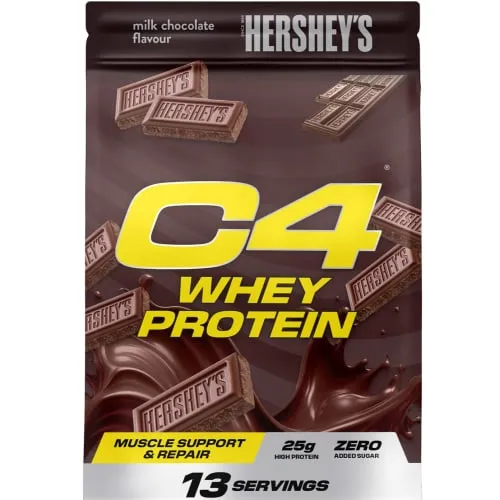C4 Whey Protein Hershey's Milk Chocolate (455g) - Genieße den unverwechselbaren HERSHEY'S Milchschoko-Geschmack in deinem Proteinshake. Ideal zur Ergänzung nach dem Training, für einen leckeren und energiereichen Genuss.