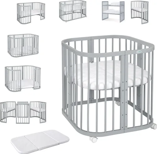 Waldin 7-in-1 Kinderbett mit Matratze - Grau - Vielseitiges Kinderbett mit 7 Funktionen! Wächst mit dem Kind, 5-fach höhenverstellbar und inklusive Schaumstoffmatratze. Ideal für kleine Räume und lange Nutzungsdauer.