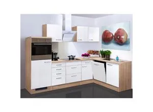 Flex-Well Exclusiv Winkelküche Valero 280x170 cm - Winkelküche in Hochglanz Weiß und Sonoma Eiche NB, mit modernen Elektrogeräten und viel Stauraum für eine funktionale und stilvolle Küche.