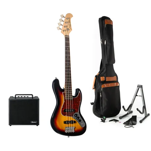 J&D JB Mini Sunburst E-Bass Set Shortscale - Kompaktes E-Bass Set mit Erle-Korpus und Ahorn-Hals, ideal für Einsteiger und mobile Musiker. Der passive Single Coil Tonabnehmer sorgt für klaren Klang.