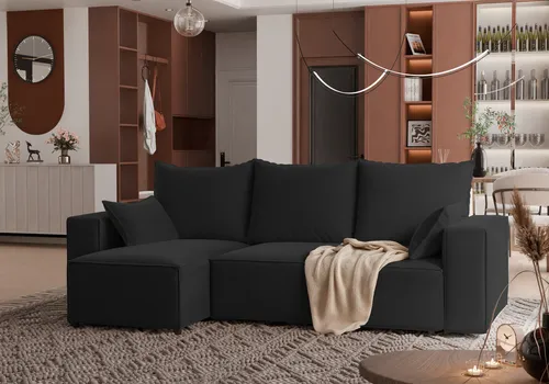 Ecksofa TOBI mit Schlaffunktion und Bettkasten in Schwarz - Komfortables Ecksofa TOBI in L-Form mit Schlaffunktion und geräumigem Bettkasten. Ideal für entspannte Abende und zusätzlichen Stauraum im Wohnzimmer.