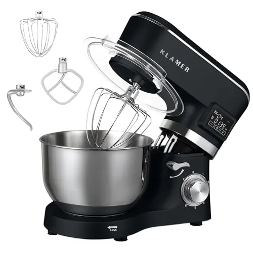 KLAMER Küchenmaschine 1400 W mit 5,5 l Schüssel und digitalen Funktionen - Vielseitige Küchenmaschine mit 3 Aufsätzen und Spritzschutz. Ideal zum Mixen, Kneten und Aufschlagen – für müheloses Kochen und Backen!