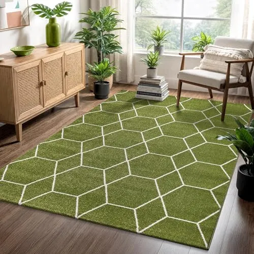 SANAT Wohnzimmerteppich – Pflegeleicht und vielseitig einsetzbar – Trellis Muster, Grün, 120 x 170 cm - Der moderne SANAT Teppich mit geometrischem Design passt perfekt zu verschiedenen Einrichtungsstilen. Pflegeleicht und robust, ideal für Wohnzimmer, Flure und mehr. OEKO-TEX zertifiziert für geprüfte Qualität.