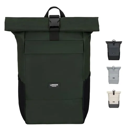 LARKSON Cityrucksack No 4 - Wasserabweisend, Dunkelgrün - Freizeitrucksack mit Rolltop-Design und Laptopfach, ideal für Alltag und Outdoor-Aktivitäten. Hergestellt aus recyceltem Polyester, bietet er eine wasserabweisende Oberfläche und ein modernes, umweltfreundliches Design.