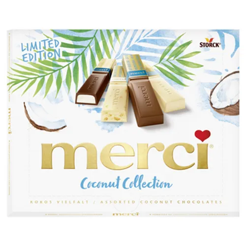 merci Finest Selection Coconut Collection 250g – Köstliche Kokos-Schokoladen-Spezialitäten - Genießen Sie die merci Kokos-Schokoladen-Spezialitäten in vier unwiderstehlichen Sorten – ideal zum Verschenken oder für besondere Genussmomente. Perfekt für Schokoladenliebhaber!