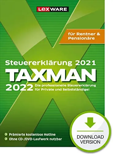 Taxman 2022 für Rentner & Pensionäre - ESD Download - Steuer-Software für Windows, speziell entwickelt für Rentner und Pensionäre zur einfachen und sicheren Steuererklärung.