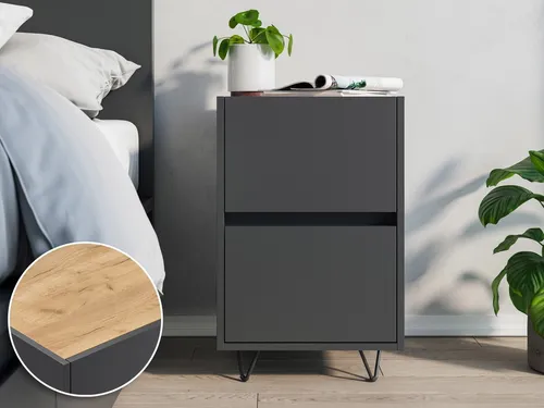 Magnolia Home Nachttisch Yako 40cm – Grafit & Eiche Top - Modernes, griffloses Design für stilvolle Räume. Mit Soft-Close-Technik für sanftes, geräuschloses Schließen – ideal für kleine Schlafzimmer.