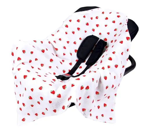 Babylux Einschlagdecke für Babyschale 80x80 cm – Atmungsaktive Musselin Baumwolle (D9 Erdbeeren) - Leichte, atmungsaktive Einschlagdecke aus 100% Baumwolle, ideal für Frühling und Sommer. Mit Gurtschlitzen für einfache Handhabung in Babyschale oder Kinderwagen. Pflegeleicht und weich für sensible Babyhaut.