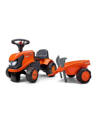 Falk Traktor Baby Kubota mit Anhänger, Rechen und Schaufel - Lustiger Aufsitztraktor für Kleinkinder ab 1 Jahr. Fördert spielerisch die motorischen Fähigkeiten und das Gleichgewicht. Ideal für drinnen und draußen – mit drehbarem Lenkrad und Hupe!