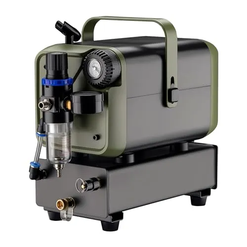 Wiltec Airbrush Kompressor HS-679F – Leistungsstarker Druckluftkompressor für kreative Anwendungen - Der Wiltec Airbrush Kompressor HS-679F bietet 1/6 PS und 28 l/min Luftzufuhr. Ideal für präzise Airbrush-Arbeiten, geräuscharm und mobil dank integriertem 1-Liter-Tank und Tragegriff.