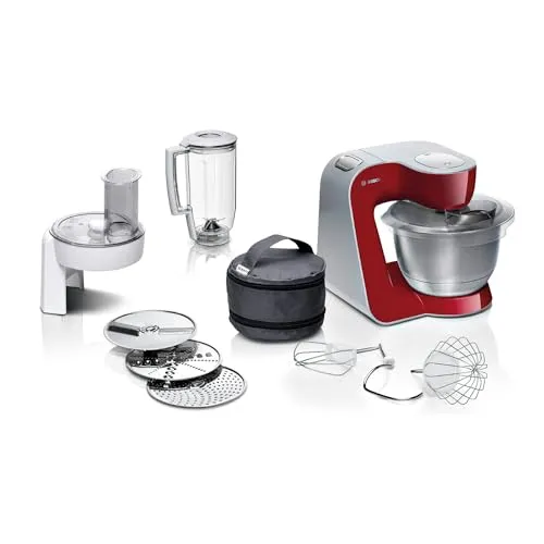 BOSCH Küchenmaschine MUM58720 - 1000W Edelstahl in Rot, leistungsstark mit 3D PlanetaryMixing für perfekte Ergebnisse und vielseitige Einsatzmöglichkeiten