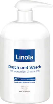 Linola Dusch und Wasch - Medizinische Körperpflege für sehr trockene und neurodermitisneigende Haut, bietet milde Reinigung und langanhaltende Feuchtigkeit ohne Brennen in den Augen.