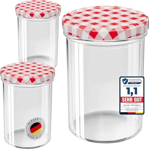 Wellgro Vorratsglas Einmachgläser 435 ml - 100-tlg mit rot kariertem Schraubdeckel - Vorratsgläser für kreative Einmachprojekte - umweltfreundlich, wiederverwendbar und mit luftdichtem Deckel für optimale Frische. Ideal für Marmelade, Chutneys und mehr!
