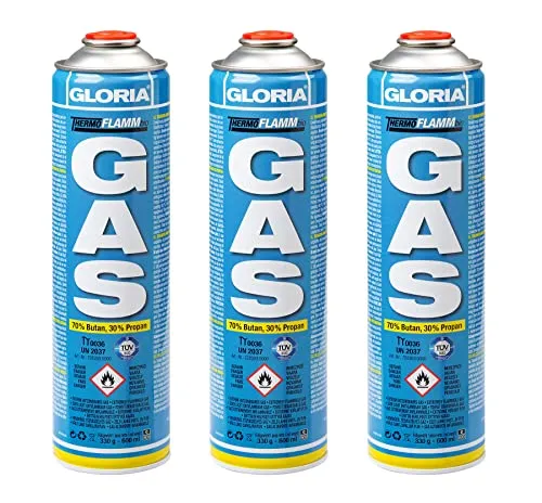 GLORIA Gaskartuschen 3 x 600ml | Effiziente Energiequelle für Gasgeräte - Hochreines Propan/Butan-Gemisch für eine starke Flammenleistung und 30 % längere Brenndauer. Ideal für GLORIA Unkrautbrenner und vielseitig einsetzbar für Campingkocher und Gasbrenner. Schnelle Montage dank Schraubventil.