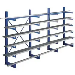 K 1000 Kragarmregal-Set - Einseitig, 2000 x 3750 x 500, RAL 5010 - Werkstatteinrichtung für effiziente Lagerung von Profilen und Rohren, schnell montierbar mit 200 kg Traglast pro Kragarm und stabiler Bodenverankerung.