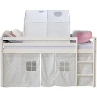 Homestyle4u Hochbett 90x200 cm Weiß - Spielbett mit Vorhang Sterne Grau - Modisches Hochbett 90x200 cm in Weiß oder Grau, ideal für Kinderzimmer. Mit abnehmbarem Vorhang aus 100% Baumwolle und sicherer Absturzsicherung bietet es Spielspaß und Komfort.