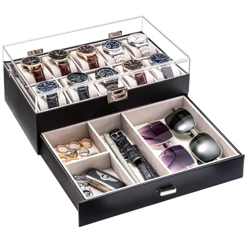 ProCase Uhrenbox mit 10 Fächern，Uhrenkasten mit Schublade, Men’s Watch Box, Uhrenaufbewahrung Uhrenkoffer Uhrenschatulle für Herren, Uhr Aufbewahrungsbox - 10 Fächer, Schwarz
