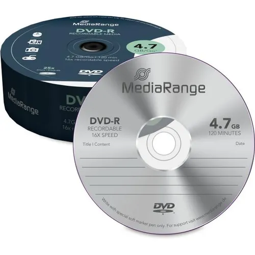 MediaRange MR403 DVD-R 4,7GB (16x Speed, 25 Stück) - Rohlinge mit 4,7 GB Kapazität, ideal für Filme und Daten. Ausgezeichnete Kompatibilität zu Brennern und Wiedergabegeräten, geliefert in praktischer Cakebox.