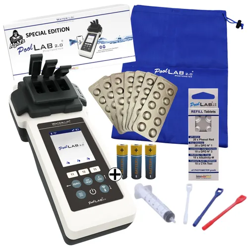 AlphFa PoolLAB 2.0 Special Edition - Wassertester für Pools - Präziser Bluetooth Wassertester für Pools mit 140 Testtabletten, misst Chlor, pH-Wert und mehr für kristallklares Wasser.