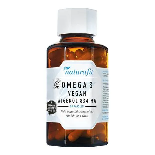 Naturafit Omega-3 vegan Algenöl 834 mg Kapseln - Omega 3 Nahrungsergänzungsmittel, pflanzliche Kapseln mit EPA & DHA, ideal für Veganer, unterstützt Herz, Gehirn und Augenfunktionen.