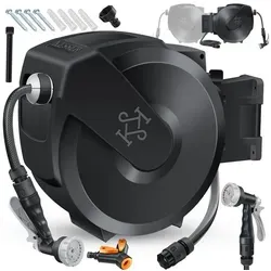 KESSER® Schlauchtrommel mit 20m Gartenschlauch – Wandmontage & 180° schwenkbar - Die KESSER Schlauchtrommel mit 20m Schlauch bietet eine automatische Aufrollfunktion und maximale Bewegungsfreiheit. Ideal für effiziente Gartenbewässerung, inklusive Handbrause mit 7 Funktionen für optimale Anpassung.