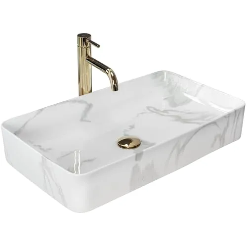 Rea Aufsatzwaschbecken DENIS SHINNY MARMO - Hochwertiges Handwaschbecken aus Keramik im eleganten Marmorimitat-Design, ideal für moderne Badezimmer, freistehend und ohne Armaturloch.