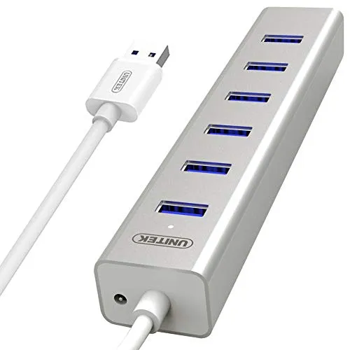 UNITEK Aluminium Aktiv USB Hub 7 Port 3.0 + Stromversorgung, SuperSpeed Datenhub Multiport Verteiler für PC, Laptop, Tastatur, Mouse, Drucker, iOS (Mac) + Windows Kompatibilität, Plug&Play, Y-3090, Weiß, 7x USB 3.0 mit Stromversorgung