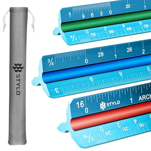 Stylo Architekten-Maßstabslineal aus Aluminium, 30,5 cm, lasergeätztes dreieckiges Zeichenlineal mit Farbe – imperiales architektonisches Maßstabslineal für Blaupausen (Hellblau, Imperiale Einheiten)