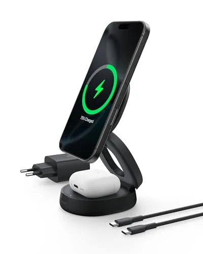 Belkin 2-in-1 Qi2-Ladestation (15W) - Kabellose Qi-Ladegeräte mit schneller Qi2-Technologie für gleichzeitiges Laden von iPhone und AirPods, inkl. 30-W-Netzteil und faltbarem Design für unterwegs.
