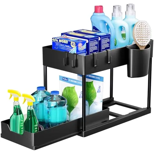Puricon Unter Waschbecken Regal - 2 Etagen Küchenorganizer in Schwarz - Praktisches 2-stufiges Regal für die optimale Aufbewahrung unter dem Spülbecken. Ausziehbare Schublade und hohles Design sorgen für einfache Entnahme und gute Entwässerung. Ideal für Küche und Bad.
