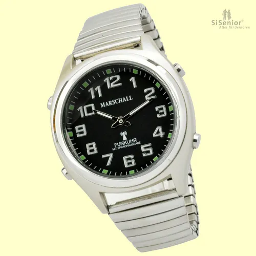 Marschall Deutsch sprechende Herren und Damen Armbanduhr I 1130V I Funkarmbanduhr I Für Blinde, Senioren und Sehbehinderte I Datum- und Zeitansage I Silbernes Zugarmband