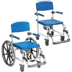 Dusch-Toilettenrollstuhl Aston, 5" Räder, weiß-blau - Behinderten-Bedarf, stabiler Aluminiumrahmen, ideal für Dusche und Toilette mit höhenverstellbarem Sitz und abnehmbaren Fußstützen für maximalen Komfort.