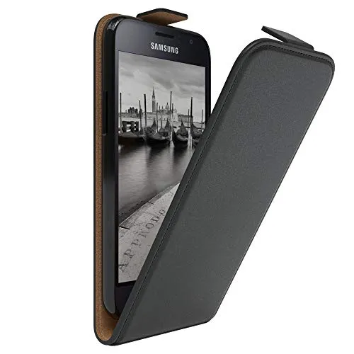 EAZY CASE Hülle kompatibel mit Samsung Galaxy J1 (2016) Hülle Flip Cover zum Aufklappen, Handyhülle aufklappbar, Schutzhülle, Flipcover, Flipcase, Flipstyle Case vertikal klappbar, Kunstleder, Schwarz
