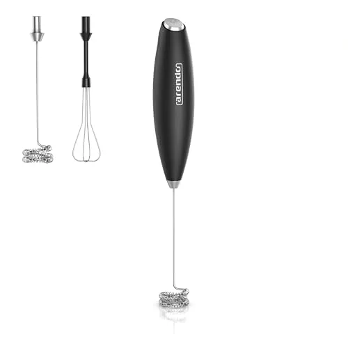 Arendo - Stab Milchaufschäumer elektrisch - MINI MILKSPACE - elektrischer Handmilchaufschäumer mit Batterien – Motor mit 13.000 U/min – Schneebesen und Dual-Quirl - Ständer – Cappuccino Shakes Cocktai