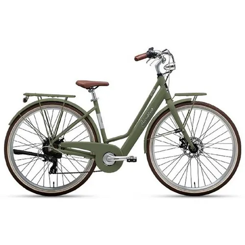 Adriatica Cityrad 6 Gang Shimano - Retro E-Citybike 28 Zoll in Olivgrün - E-Bike mit 6-Gang Kettenschaltung von Shimano, ideal für Stadtfahrten. Robuster Aluminiumrahmen und komfortable Federgabel sorgen für ein angenehmes Fahrgefühl.